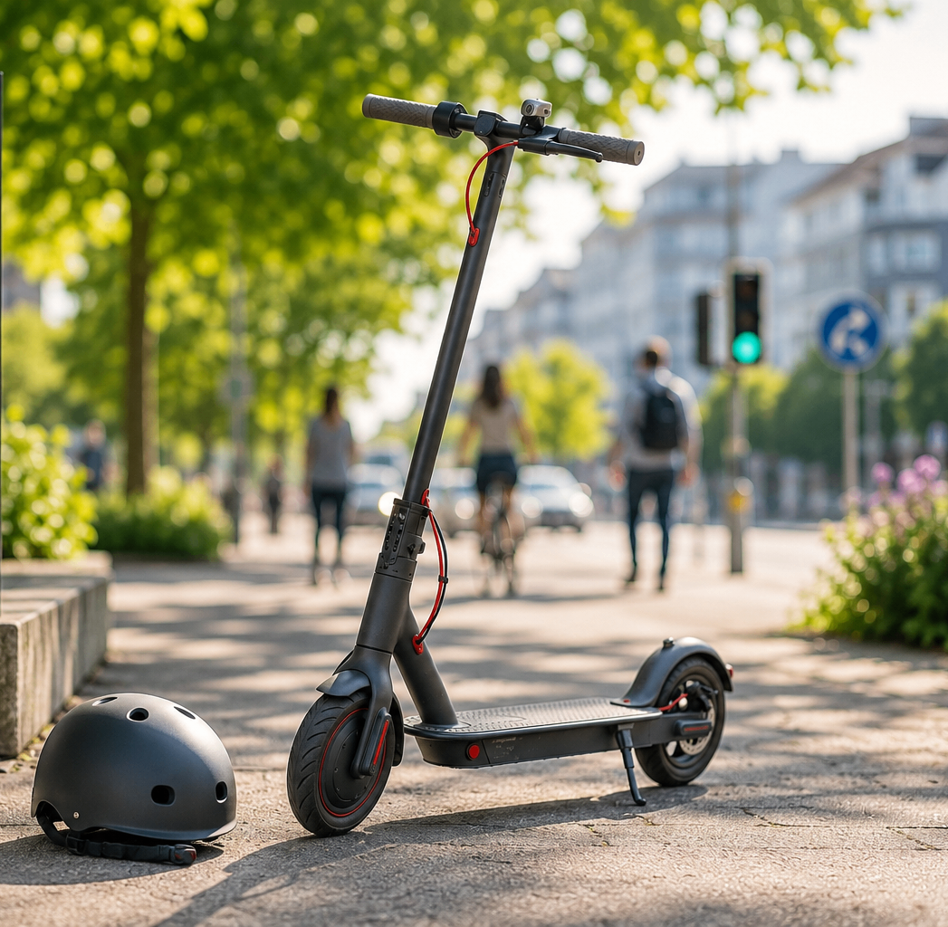 Ein Elektroroller, der auf einem Bürgersteig mit einem Helm in der Nähe geparkt ist, und Menschen, die auf der Straße gehen.