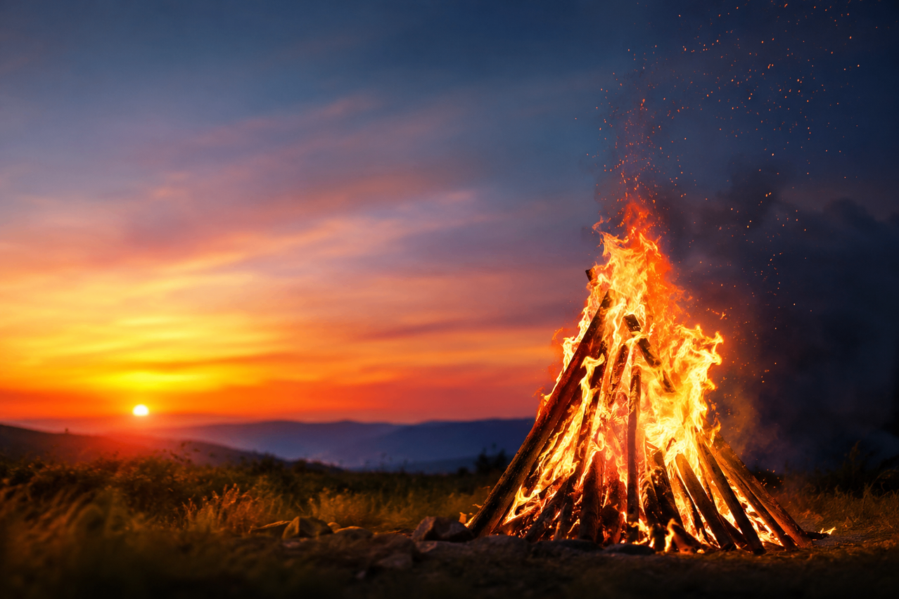 Ein großes Lagerfeuer brennt hell auf einem Hügel mit einem Sonnenuntergang im Hintergrund. Das Feuer ist von Stöcken und Holz umgeben und wirft warmes Licht und Schatten.