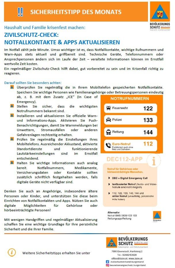 Infographic with tips for a civil protection check. It advises checking emergency contacts, emergency apps, important phone numbers, and warning apps are up to date and accessible. A regular civil protection check helps to be well prepared and act correctly in an emergency.