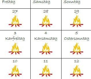 Eine Tabelle zeigt Wochentage mit Feuersymbolen. Obere Reihe: Freitag, Samstag, Sonntag. Untere Reihe: Karfreitag, Karsamstag, Ostersonntag. Zahlen 27, 28, 29, 3, 4, 5, 10, 11, 12.