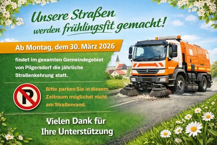 Plakat für Straßenreinigung. Ein Lastwagen mit einer Straßenkehrmaschine. Datum 30. März 2026. Parkverbotsschild.
