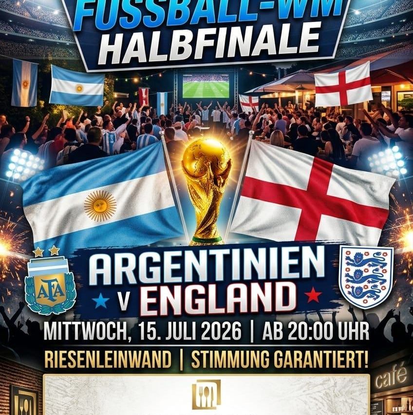 Plakat für das FIFA-WM-Halbfinale zwischen Argentinien und England, geplant für den 15. Juli 2026 um 20:00 Uhr. Das Plakat zeigt die Flaggen beider Teams, einen goldenen Weltmeisterpokal und eine Menge von Zuschauern.