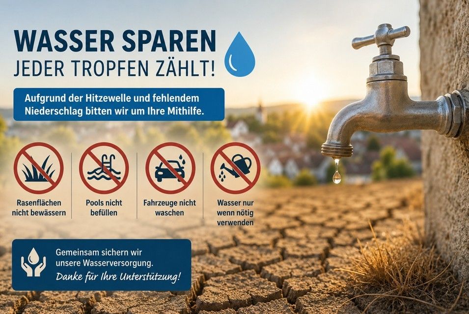 Plakat mit einem tropfenden Wasserhahn und einer ausgetrockneten Landschaft im Hintergrund. Es steht 'Wasser sparen, jeder Tropfen zählt!' und listet Einschränkungen wie 'Keine Poolfüllung' und 'Nur Wasser verwenden, wenn nötig' auf. Es endet mit einer Dankesbotschaft für die Unterstützung.