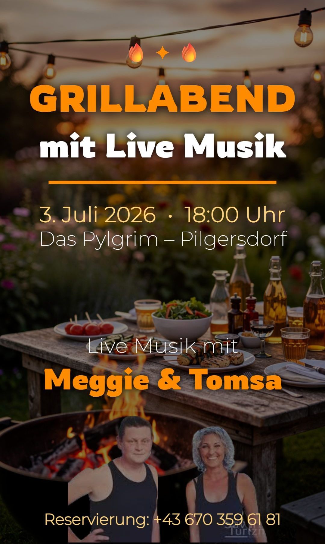 Ein Event mit Live-Musik von Maggie und Tomsa im Das Pylgrim - Pilgersdorf am 3. Juli 2026 um 18:00 Uhr. Ein Tisch ist mit Essen, Getränken und Tellern gedeckt.
