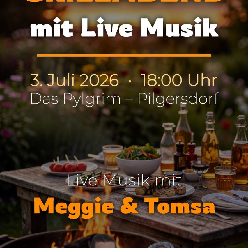 Ein Outdoor-Event mit Live-Musik von 'Meggie & Tomsa' am 3. Juli 2026 um 18:00. Mit Gerichten, Getränken und einem Lagerfeuer.