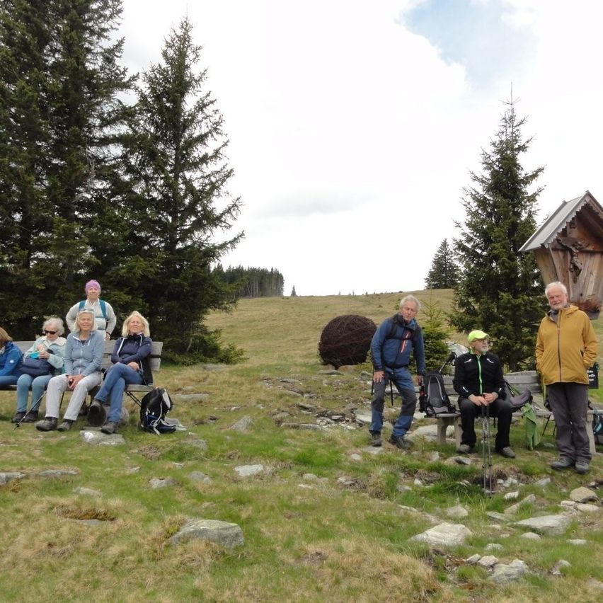 Eine Gruppe von Wanderern ruht sich auf einem Grashang aus. Einige sitzen auf Bänken, andere auf Felsen, mit Rucksäcken in der Nähe. Hohe Bäume und eine Holzkonstruktion sind im Hintergrund.