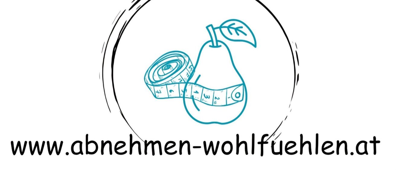 Eine gezeichnete Illustration einer Birne mit einem Messband darum. Unten an der Birne ist ein Blatt. Die Worte 'zunehmen-wohlfue' stehen unter dem Bild.