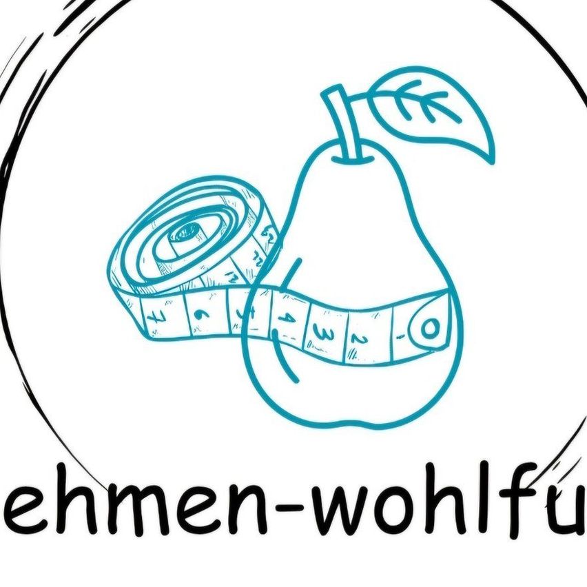 Eine gezeichnete Illustration einer Birne mit einem Messband darum. Unten an der Birne ist ein Blatt. Die Worte 'zunehmen-wohlfue' stehen unter dem Bild.