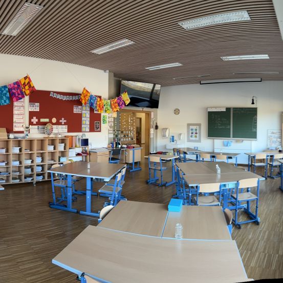 Ein leerer Klassenraum mit Holzboden, blauen Tischen und Stühlen sowie bunten Dekorationen an der Wand. Rechts befindet sich eine Tafel und über der Tür ein Fernsehmonitor an der Wand.