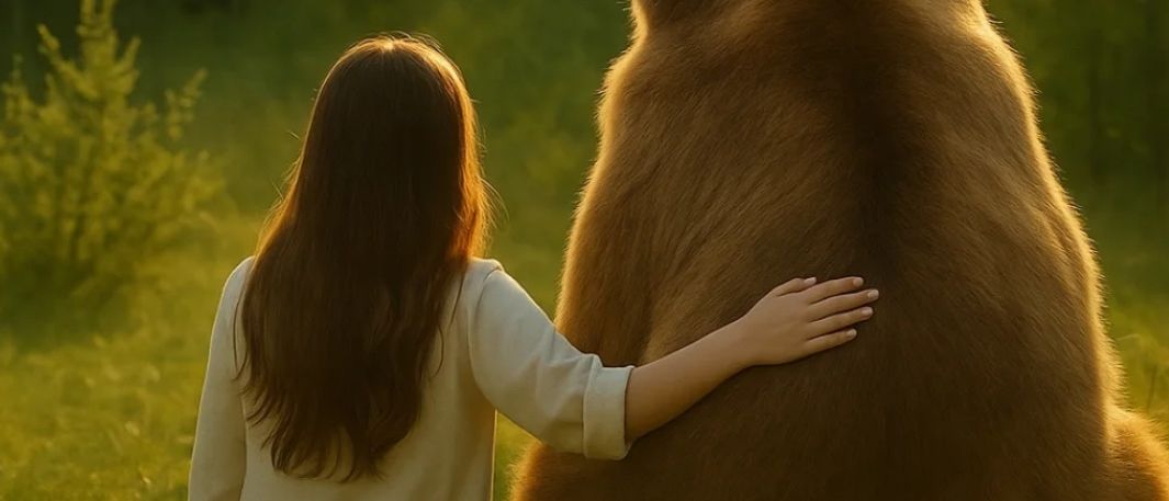 Eine Frau sitzt auf Gras mit einem großen Bären hinter ihr. Der Bär schaut die Frau an. Das Bild hat einen Wasserzeichen mit dem Text 'Basisseminar Tierkommunikation'.