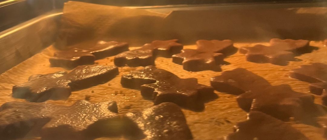 Ein Ofen mit einem Blech gebackener Lebkuchenkekse mit einem Licht, das die Szene von oben beleuchtet.