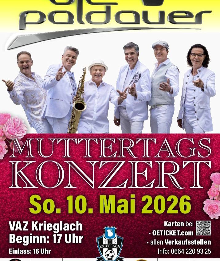 Plakat für ein Muttertagskonzert mit einer Band von Männern in weißen Anzügen und Hüten, die eine Saxophon halten. Das Datum ist Sonntag, 10. Mai 2026.