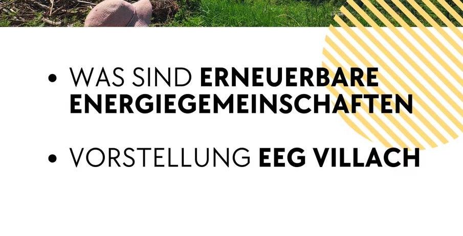 Ein Veranstaltungsposter für 'Villach Informationsveranstaltung'. Es zeigt eine malerische Aussicht mit einer Präsentation über erneuerbare Energiegemeinschaften. Die Veranstaltung findet am 21. November 2025 im Freiraum Myzel, Lederergasse 18, 9500 Villach statt.
