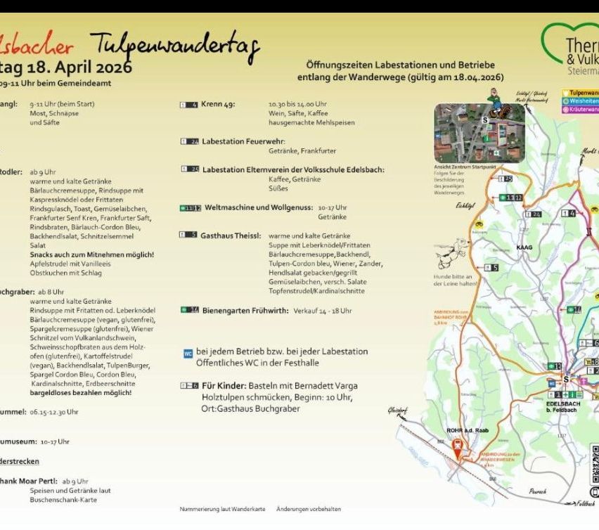 Poster for the 18th April 2026 Tulpenwandertag event, featuring opening times, refreshments, and a map with various locations. Warm and cold drinks, food, and snacks are available at different stations. Public WCs are present at each location. Children can taste tulips from 10 am, starting at Gasthaus Buchgraber.