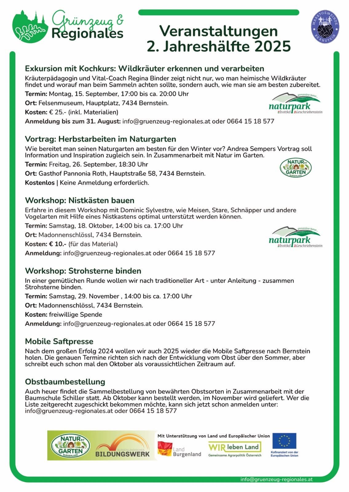 Workshop: Strohsterne binden. In einer gemütlichen Runde wollen wir nach traditioneller Art - unter Anleitung - zusammen Strohsterne binden. Termin: Samstag, 29. November, 14:00 bis ca. 17:00 Uhr. Ort: Madonnenschlossl, 7434 Bernstein. Kosten: freiwillige Spende. Anmeldung: info@gruenzeug-regionales.at oder 0664 15 18 577
