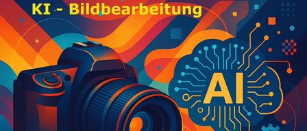 Ein Bild eines Kameraobjektivs mit den Worten 'Bildbearbeitung' und 'KI' daneben. Das Objektiv ist in leuchtenden Farben mit einem Schaltkreismuster dargestellt.