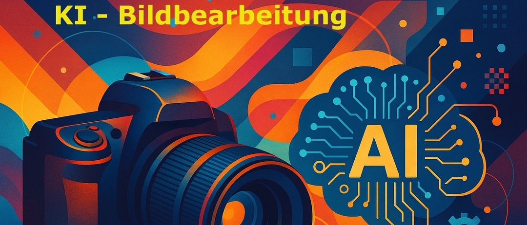 Ein Bild eines Kameraobjektivs mit den Worten 'Bildbearbeitung' und 'KI' daneben. Das Objektiv ist in leuchtenden Farben mit einem Schaltkreismuster dargestellt.