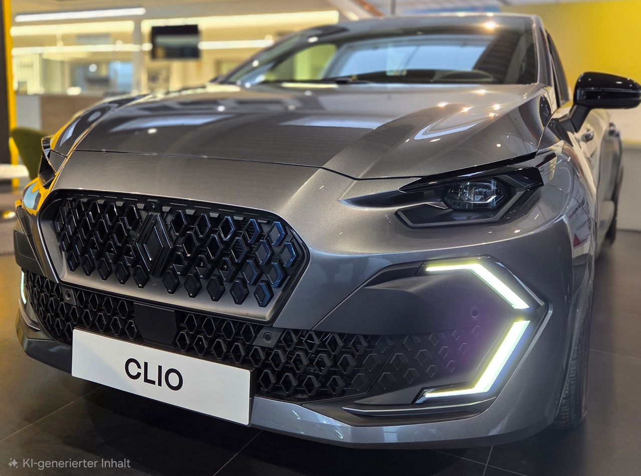 Ein Nahaufnahme des vorderen Endes eines grauen Clio-Autos wird angezeigt, mit einem modernen Gitterdesign und LED-Scheinwerfern. Der glänzende Lack des Autos reflektiert die Beleuchtung des Showrooms.