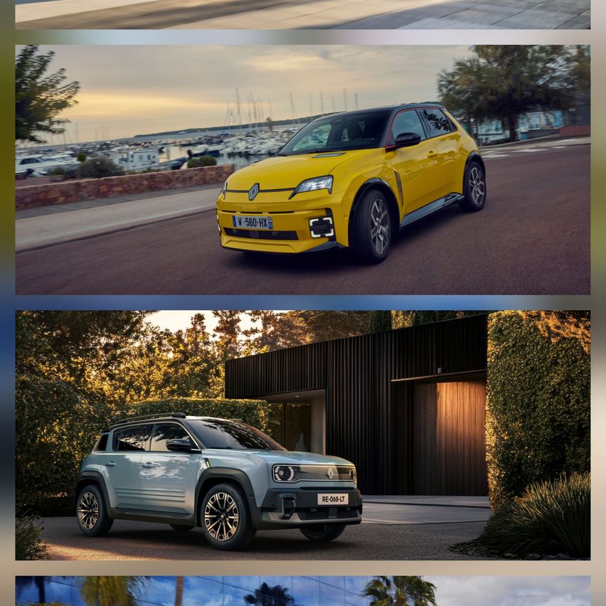 Zwei elektrische Renault SUVs werden gezeigt, einer gelb und einer silbern. Der gelbe SUV fährt auf einer Straße, während der silberne SUV vor einem modernen Haus geparkt ist.