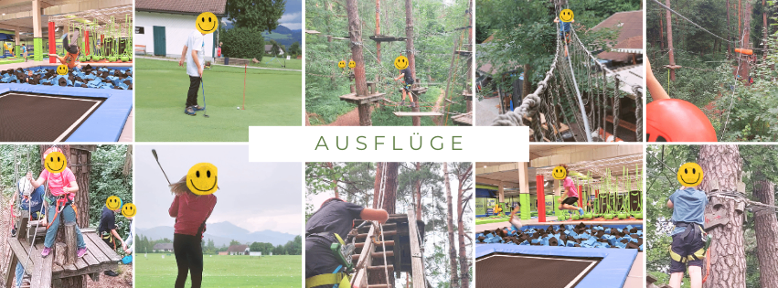 Eine Collage von Outdoor-Abenteueraktivitäten mit lächelnden Gesichtern in verschiedenen Umgebungen wie Golf, Klettern und Hindernisparcours. Das Wort 'AUSFLUGE' ist prominent in der Mitte angezeigt.