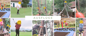 Eine Collage von Outdoor-Abenteueraktivitäten mit lächelnden Gesichtern in verschiedenen Umgebungen wie Golf, Klettern und Hindernisparcours. Das Wort 'AUSFLUGE' ist prominent in der Mitte angezeigt.