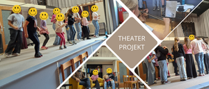 Eine Collage von Fotos, die eine Gruppe von Menschen zeigt, einige mit lächelnden Gesichtern, die an einem Theaterprojekt teilnehmen. Ein Bild zeigt einen Violinisten beim Üben.
