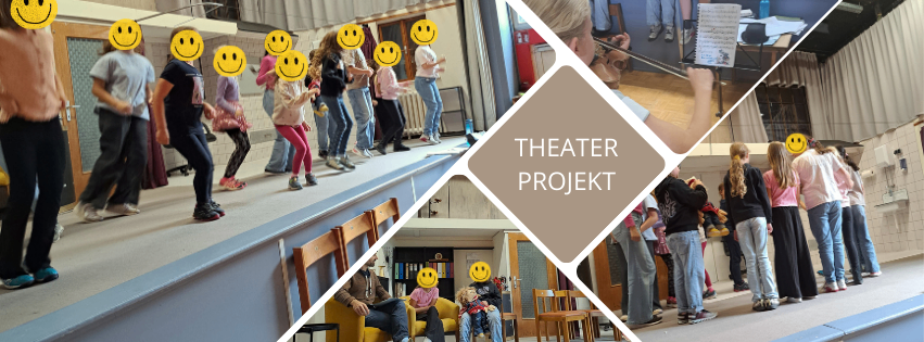 Eine Collage von Fotos, die eine Gruppe von Menschen zeigt, einige mit lächelnden Gesichtern, die an einem Theaterprojekt teilnehmen. Ein Bild zeigt einen Violinisten beim Üben.