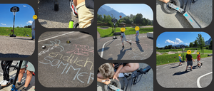 Eine Collage von Fotos, die Kinder beim Spielen draußen zeigt. Einige fahren Roller, während andere Basketball spielen und mit Kreide zeichnen.