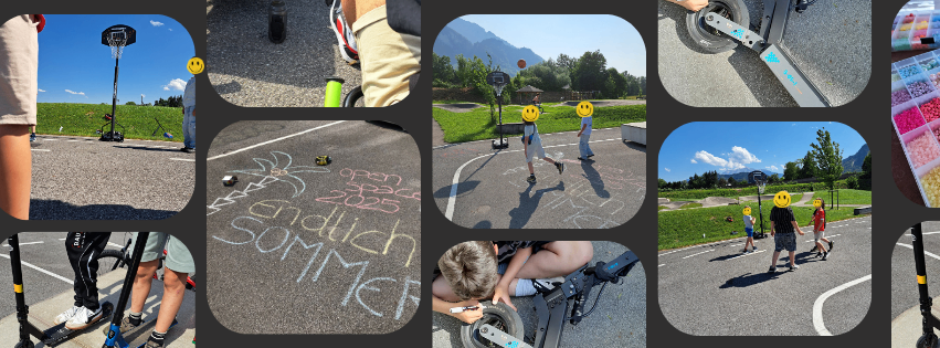 Eine Collage von Fotos, die Kinder beim Spielen draußen zeigt. Einige fahren Roller, während andere Basketball spielen und mit Kreide zeichnen.