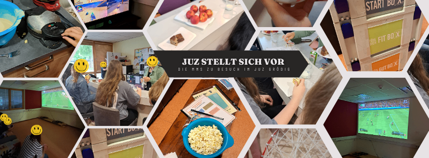 Eine Collage von Bildern zeigt eine Gruppe von Menschen in einem Jugendzentrum. Aktivitäten umfassen Kochen, Essen, Spielen und das Anschauen eines Fußballspiels auf einem Bildschirm.