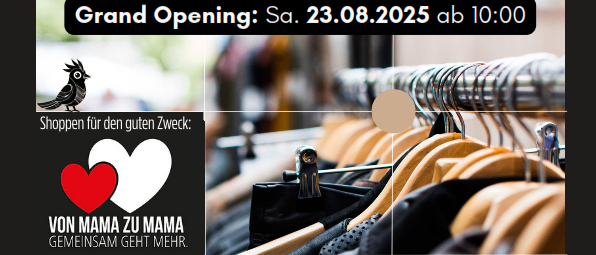 Werbung für einen Damen- und Kinder-Second-Hand-Pop-Up-Laden. Daten und Zeiten für die große Eröffnung und Öffnungszeiten werden angezeigt. Ort: Hatric, früher Libro.