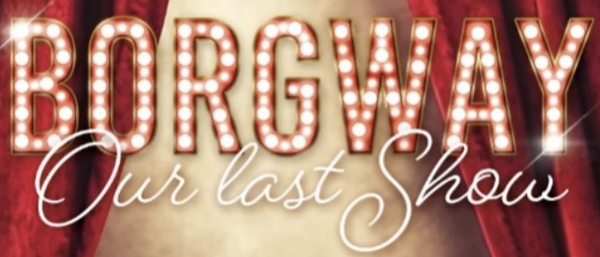 Plakat für Borgways letzte Show am 15. November 2025 im Stadtwerke Harthera-Halle. Mit roten Vorhängen und beleuchtetem Text.