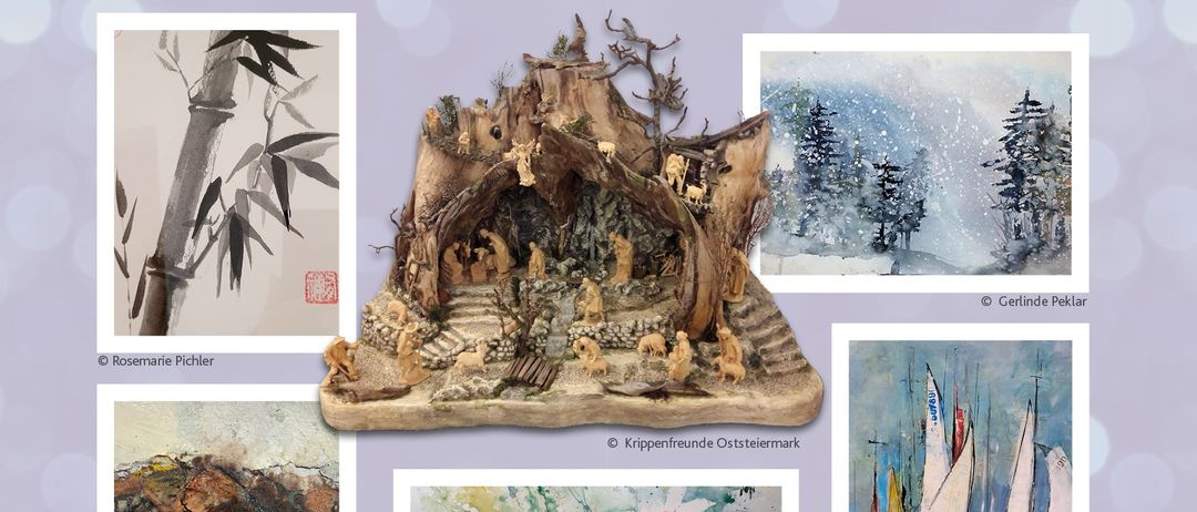Plakat für eine Kunstausstellung von Kreativgruppe FRAUENPOWER & Krippenfreunde Oststeiermark. Zeigt Werke verschiedener Künstler, mit Informationen zu Ort, Datum und Aktivitäten.