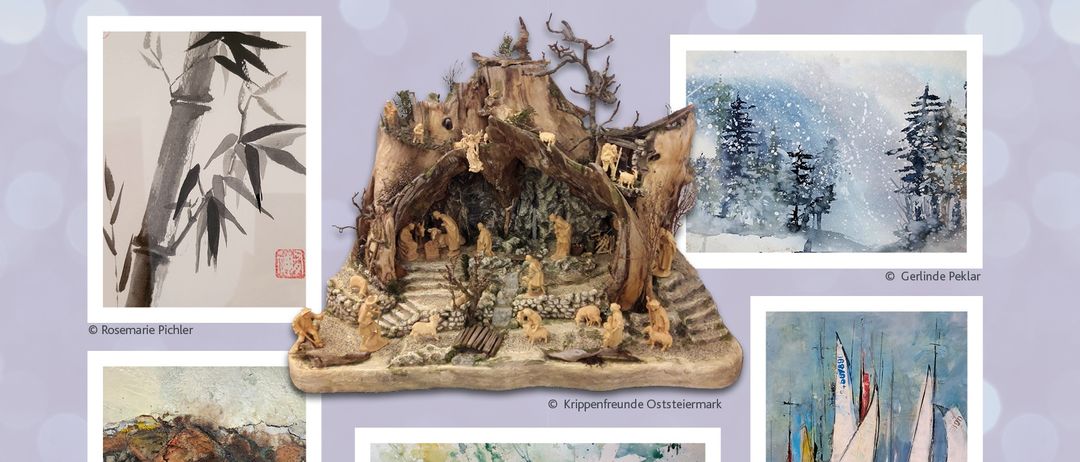 Kunst und Krippen: Kreativgruppe Frauenpower & Krippenfreunde Osterreich. Ausstellung im City Kreativstudio Hartberg, Wiener Straße 16 / FUZO. Mit Werken verschiedener Künstler. Eröffnung am Freitag, 21. November 2025, um 18.00 Uhr. Gehostet von Bgm. KR Ing. Marcus Martschitzsch. Einführung von Traude Payer und Dr. Harald Moser. Musik vom Saxophonquartett unter Fritz Borecky.