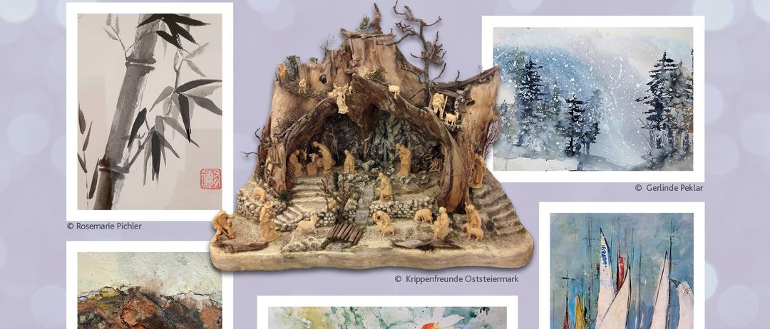 Plakat für die Kunst & Krippen-Veranstaltung von Frauenpower & Krippenfreunde Oststeiermark im City Kreativstudio Hartberg. Zeigt verschiedene Kunstwerke, darunter ein Bambus-Gemälde, eine Krippe, verschneite Landschaften, ein Segelboot-Gemälde und eine Berglandschaft. Veranstaltungsdetails umfassen Datum, Uhrzeit und Einführung durch Traude Payer und Dr. Harald Moser.