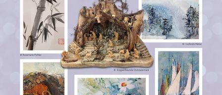 Plakat für die Kunst & Krippen-Veranstaltung mit verschiedenen Kunstwerken. Veranstaltet von der Kreativgruppe FRAUENPOWER & Krippenfreunde Oststeiermark im City Kreativstudio Hartberg. Veranstaltung am Freitag, 21. November 2025 um 18.00 Uhr. Mit Begrüßung durch Marcus Martschitsch, Einführung durch Traude Payer und Dr. Harald Moser und Musik von Fritz Borecky.