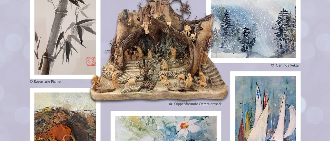 Plakat für die Kunst & Krippen-Veranstaltung mit verschiedenen Kunstwerken. Veranstaltet von der Kreativgruppe FRAUENPOWER & Krippenfreunde Oststeiermark im City Kreativstudio Hartberg. Veranstaltung am Freitag, 21. November 2025 um 18.00 Uhr. Mit Begrüßung durch Marcus Martschitsch, Einführung durch Traude Payer und Dr. Harald Moser und Musik von Fritz Borecky.