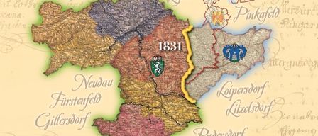 Eine alte Karte von 1831 zeigt verschiedene Regionen, darunter Neudau, Fürstenfeld und andere. Sie zeigt verschiedene Gebiete mit historischen Namen und Grenzen. Es gibt ein Bild eines Mannes mit einer Flagge und einer Burg im Hintergrund.