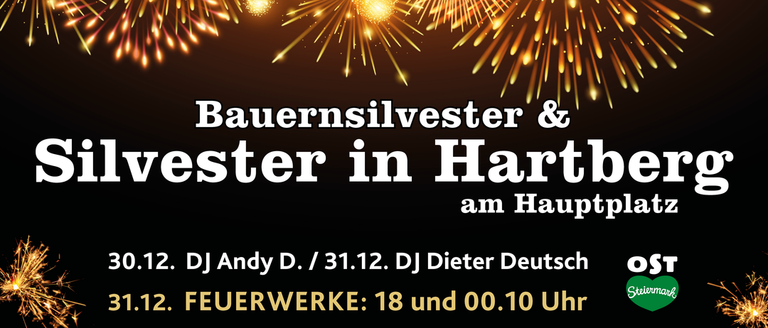 Plakat für einen Silvesterabend in Hart. DJ Andy D. am 31. Dezember. DJ Dieter. Feuerwerke um 18:00 und 00:10 Uhr.