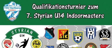 Plakat für die 7. Styrian U14 Indoormasters. Mehrere Team-Logos, Datum 28.-29. Dezember 2025 und Veranstaltungsort Stadtwerke Hartberghalle.