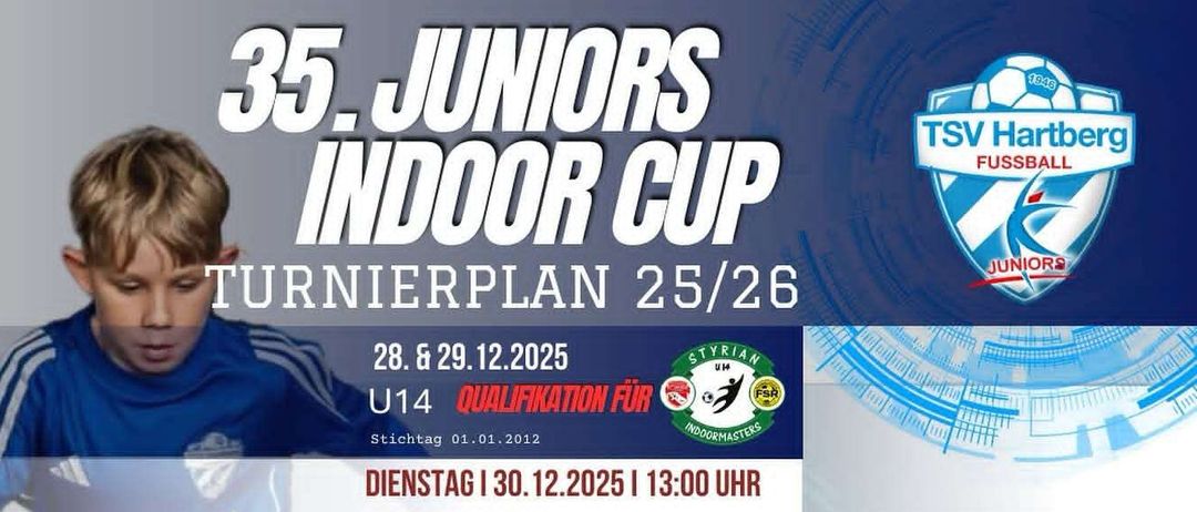 Der Zeitplan für das Indoor-Cup-Turnier am 25./26. Dezember umfasst verschiedene Altersgruppen und Zeiten. Anmeldung und Gebühren sind aufgeführt, zusammen mit Kontaktinformationen.