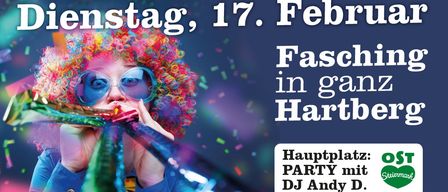 Ein Bild einer Frau mit bunten Haaren und Brille, die einen mehrfarbigen Streamer hält, umgeben von Konfetti. Der Text lautet 'Montag, 17. Februar. Fasching in gar Hartb'. Ein Kasten unten rechts hat den Text 'Hauptplatz: PARTY mit DJ Andy D.'