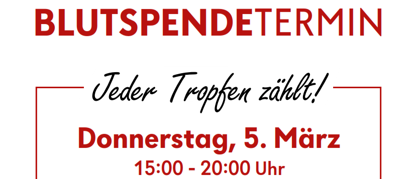 Plakat für Blutspendeaktion. Es steht 'Jeder Tropfen zählt!' und zeigt Datum, Uhrzeit und Ort. Eine Frau zeigt auf das Plakat.