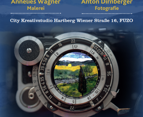 Einladung zur Ausstellung Kunst im Fokus von Annelies Wagner und Anton Dirnberger. Ort: City Kreativstudio Hartberg. Eröffnung: Freitag, 27. März um 18.00 Uhr. Öffnungszeiten: Do, Fr und Sa von 15.00 bis 19.00 Uhr. Ausstellungsdauer: 27.03.2026 bis 09.05.2026.