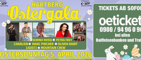 Ein Veranstaltungsposter für 'Berggala' mit den Künstlern Petra Frey, Oliver Haidt und Mountain Crew am 5. April 2026. Bilder einer Frau und einer Band sind abgebildet.