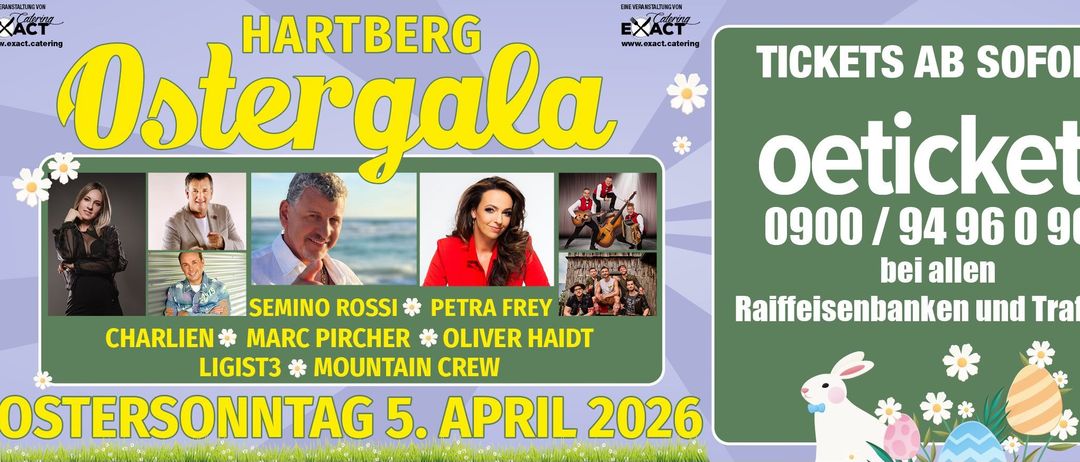 Ein Veranstaltungsposter für 'Berggala' mit den Künstlern Petra Frey, Oliver Haidt und Mountain Crew am 5. April 2026. Bilder einer Frau und einer Band sind abgebildet.