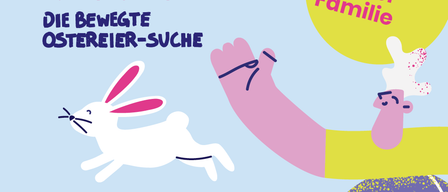 Veranstaltungsplakat für 'Bewegungsrevolution' in Hartberg. Ein Hase läuft mit einem Luftballon. Datum: 6. April 2026, von 10 bis 15 Uhr. Treffpunkt: Hauptplatz - Mariensäule.
