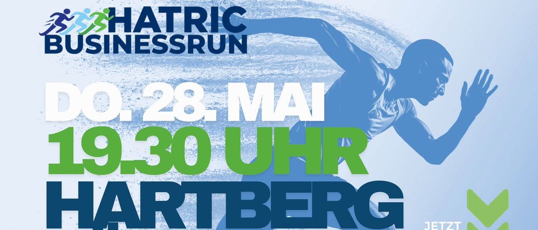 Hatric Business Run am 28. Mai, 19:30, Hartberg. Start/Ziel und Party im Hatric Einkaufspark. QR-Code zur Anmeldung. Organisiert von Kapuy Communications Retail & Sports.