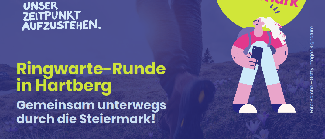 Plakat für einen Spaziergang in Hartberg am 17. Mai, mit Anmeldung bei Hofler. Treffpunkt um 9:00 Uhr, etwa 2,5 Stunden, 7,4 km. Für angemeldete Teilnehmer gibt es ein Getränk und einen Snack kostenlos.