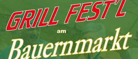 Plakat für einen Bauernmarkt mit einem Grillevent am 26.06.2026 von 12.00 bis 17.00 Uhr, das verschiedene Lebensmittel und Getränke zeigt.